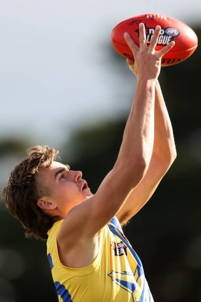 Liam Conway of the Jets marks the ball during the NAB League match between Gippsland Power and the Western Jets at Morwell Football Ground on July 4,...