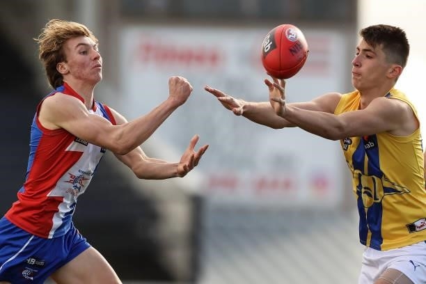 Max Walton of the Power handballs during the NAB League match between Gippsland Power and the Western Jets at Morwell Football Ground on July 4, 2021...