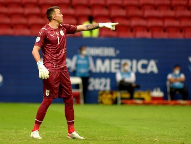 Fernando Muslera of Uruguay gestures during the Quarterfinal match between Uruguay and Colombia as part of Conmebol Copa America Brazil 2021 at Mane...