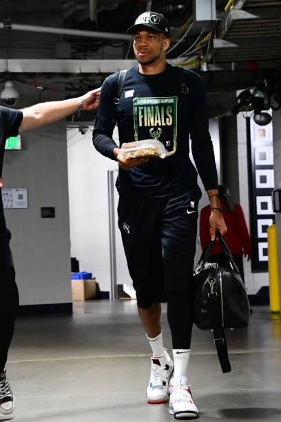 Giannis Antetokounmpo of the Milwaukee Bucks leaves the arena after winning the Eastern Conference Finals of the 2021 NBA Playoffs on July 3, 2021 at...