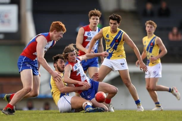 Players compete for the ball during the NAB League match between Gippsland Power and the Western Jets at Morwell Football Ground on July 4, 2021 in...