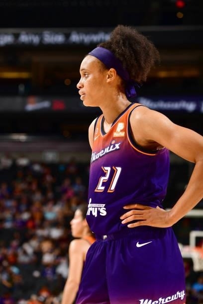 Brianna Turner of the Phoenix Mercury looks on during the game against the Minnesota Lynx on July 3, 2021 at the Phoenix Suns Arena in Phoenix,...