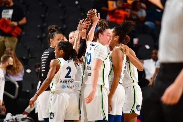The Minnesota Lynx celebrate after the game against the Phoenix Mercury on July 3, 2021 at the Phoenix Suns Arena in Phoenix, Arizona. NOTE TO USER:...
