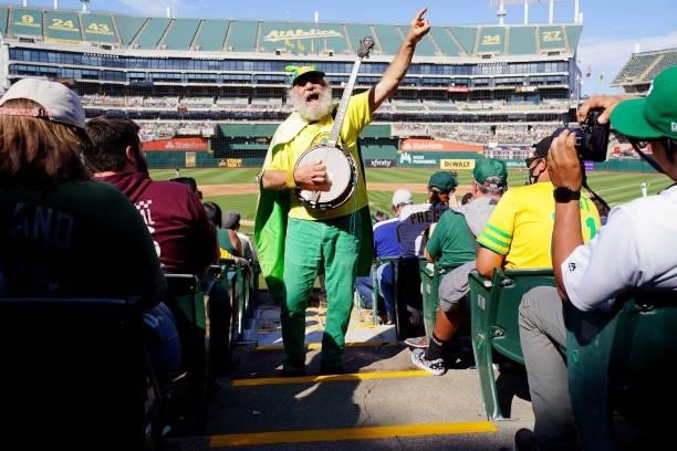 Fans look on from the stands during the game between the Boston Red Sox and the Oakland Athletics at Oakland Coliseum on Saturday, July 3, 2021 in...