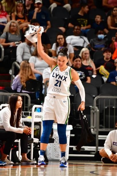 Kayla McBride of the Minnesota Lynx celebrates during the game against the Phoenix Mercury on July 3, 2021 at the Phoenix Suns Arena in Phoenix,...