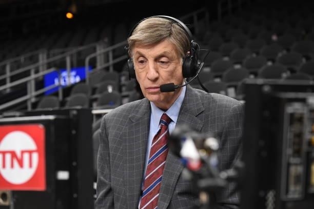 Analyst Marv Albert sits court-side after the Atlanta Hawks game against the Milwaukee Bucks during Game 6 of the Eastern Conference Finals of the...