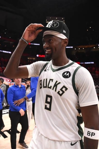 Bobby Portis of the Milwaukee Bucks smiles after the game against the Atlanta Hawks during Game 6 of the Eastern Conference Finals of the 2021 NBA...