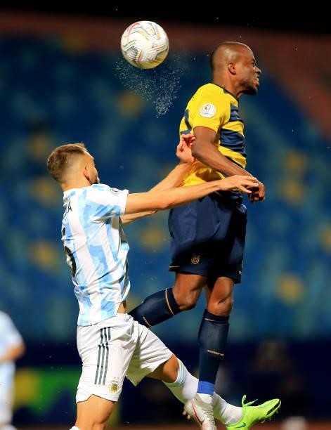 Enner Valencia of Ecuador head the ball against German Pezzella of Argentina ,during the Quarterfinal match between Argentina and Ecuador as part of...