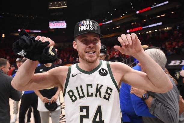 Pat Connaughton of the Milwaukee Bucks smiles after the game against the Atlanta Hawks during Game 6 of the Eastern Conference Finals of the 2021 NBA...