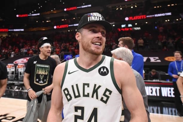 Pat Connaughton of the Milwaukee Bucks smiles after the game against the Atlanta Hawks during Game 6 of the Eastern Conference Finals of the 2021 NBA...