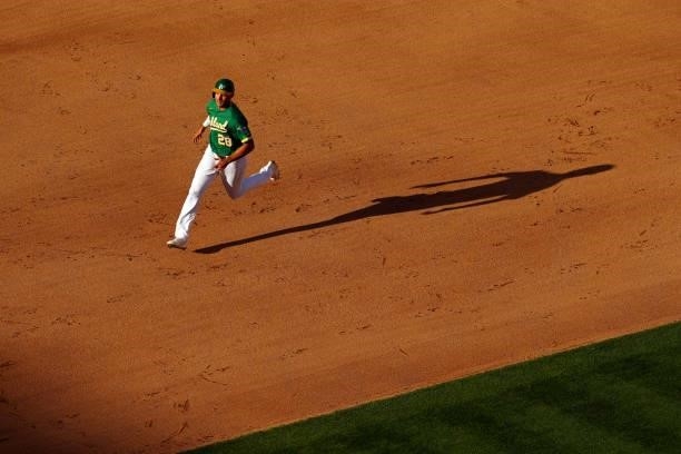 Matt Olson of the Oakland Athletics runs to third base during the game between the Boston Red Sox and the Oakland Athletics at Oakland Coliseum on...