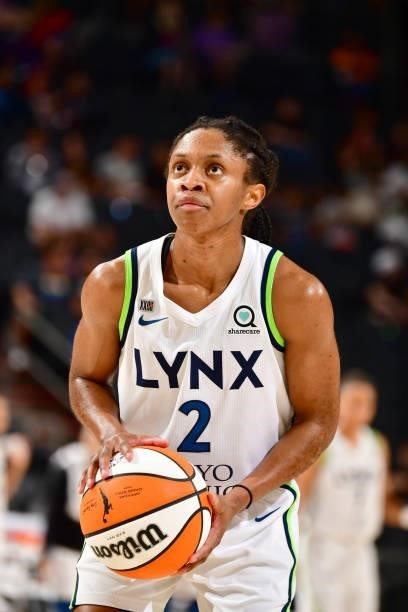 Crystal Dangerfield of the Minnesota Lynx looks to shoot a free throw against the Phoenix Mercury on July 3, 2021 at the Phoenix Suns Arena in...
