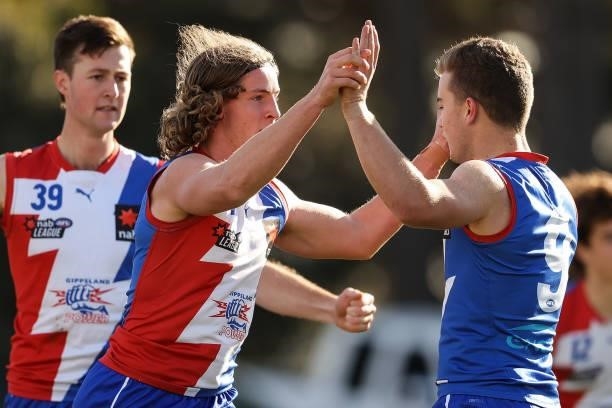 Nathan Noblett of the Power celebrates a goal during the NAB League match between Gippsland Power and the Western Jets at Morwell Football Ground on...