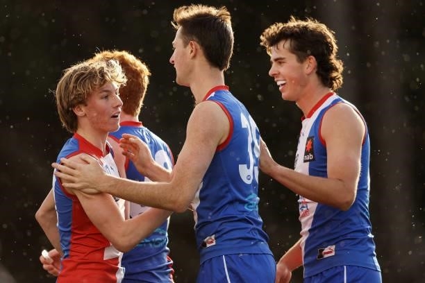 Power players celebrate their win during the NAB League match between Gippsland Power and the Western Jets at Morwell Football Ground on July 4, 2021...