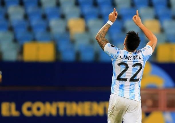 Lautaro Martinez of Argentina celebrates after scores his goal during the Conmebol Copa America Brazil 2021 quarter-final between Argentina and...