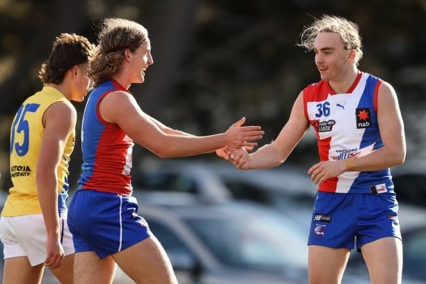 Coby Burgiel of the Power celebrates a goal during the NAB League match between Gippsland Power and the Western Jets at Morwell Football Ground on...