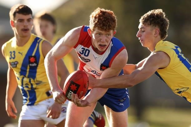 Tristen Waack of the Power handballs during the NAB League match between Gippsland Power and the Western Jets at Morwell Football Ground on July 4,...