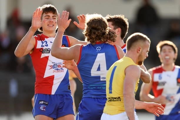 Power players celebrates a goal during the NAB League match between Gippsland Power and the Western Jets at Morwell Football Ground on July 4, 2021...