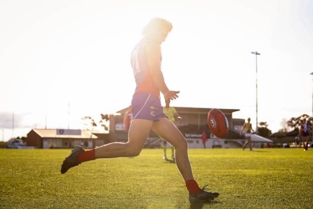 Liam Heasley of the Power clears by foot during the NAB League match between Gippsland Power and the Western Jets at Morwell Football Ground on July...