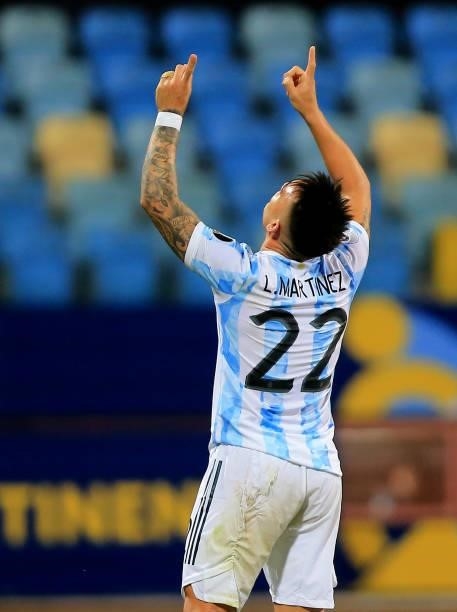 Lautaro Martinez of Argentina celebrates after scores his goal during the Conmebol Copa America Brazil 2021 quarter-final between Argentina and...