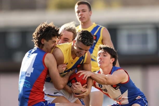 Players compete for the ball during the NAB League match between Gippsland Power and the Western Jets at Morwell Football Ground on July 4, 2021 in...