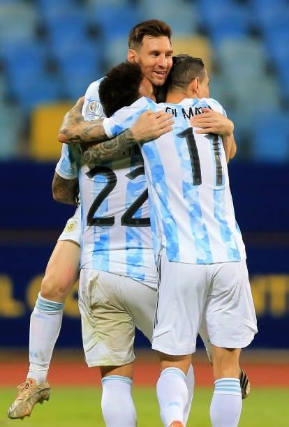 Lautaro Martinez of Argentina celebrates with his team mates Lionel Messi and Angel Di Maria after scores his goal during the Conmebol Copa America...