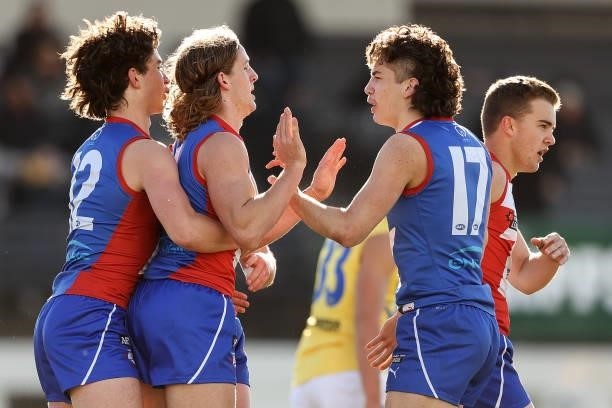Power players celebrates a goal during the NAB League match between Gippsland Power and the Western Jets at Morwell Football Ground on July 4, 2021...
