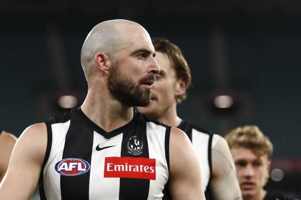 Steele Sidebottom of the Magpies looks dejected after a loss during the 2021 AFL Round 16 match between the Collingwood Magpies and the St Kilda...