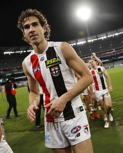 Max King of the Saints leaves the field after a win during the 2021 AFL Round 16 match between the Collingwood Magpies and the St Kilda Saints at the...