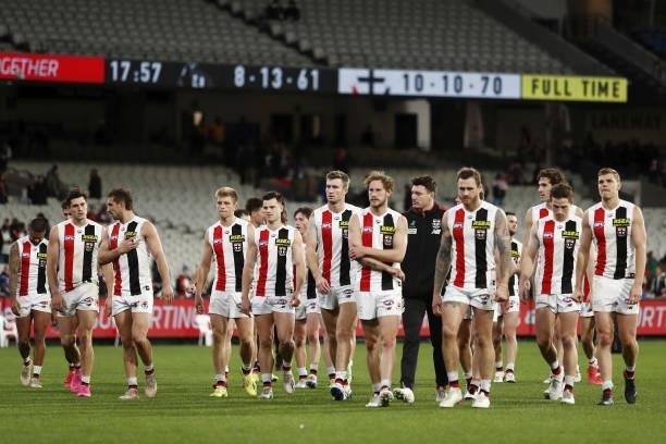 St Kilda players leave the field after a win during the 2021 AFL Round 16 match between the Collingwood Magpies and the St Kilda Saints at the...