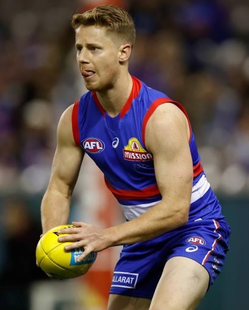 Lachie Hunter of the Bulldogs in action during the 2021 AFL Round 16 match between the Western Bulldogs and the North Melbourne Kangaroos at Marvel...
