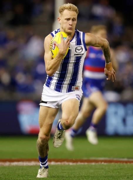 Jaidyn Stephenson of the Kangaroos in action during the 2021 AFL Round 16 match between the Western Bulldogs and the North Melbourne Kangaroos at...
