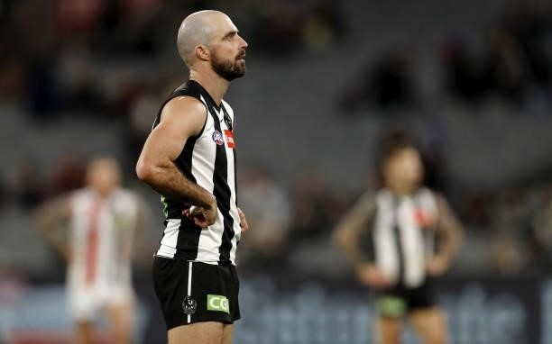 Steele Sidebottom of the Magpies looks on after the final siren during the 2021 AFL Round 16 match between the Collingwood Magpies and the St Kilda...
