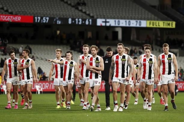 St Kilda players leave the field after a win during the 2021 AFL Round 16 match between the Collingwood Magpies and the St Kilda Saints at the...
