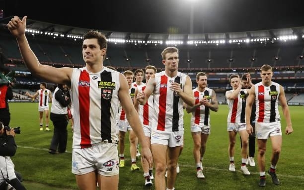 Jack Steele of the Saints leaves the field after a win during the 2021 AFL Round 16 match between the Collingwood Magpies and the St Kilda Saints at...