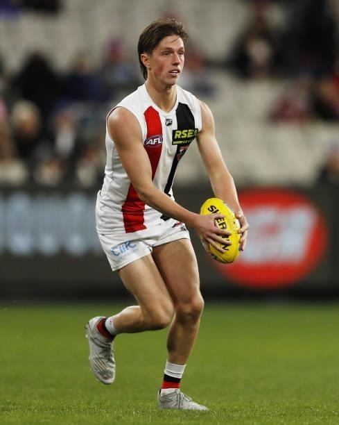 Leo Connolly of the Saints looks on during the 2021 AFL Round 16 match between the Collingwood Magpies and the St Kilda Saints at the Melbourne...