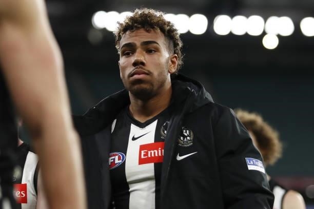 Isaac Quaynor of the Magpies looks dejected after a loss during the 2021 AFL Round 16 match between the Collingwood Magpies and the St Kilda Saints...