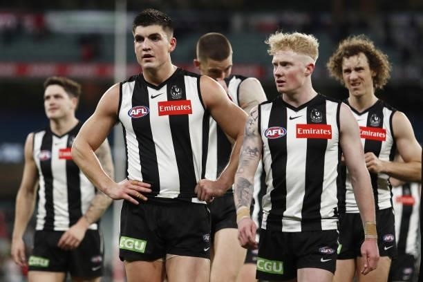 Brayden Maynard of the Magpies looks dejected after a loss during the 2021 AFL Round 16 match between the Collingwood Magpies and the St Kilda Saints...