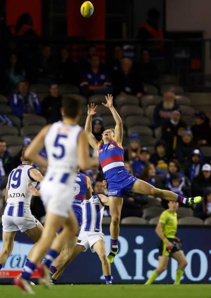 Cody Weightman of the Bulldogs takes a high mark during the 2021 AFL Round 16 match between the Western Bulldogs and the North Melbourne Kangaroos at...