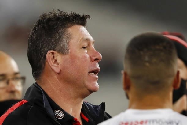 Brett Ratten, Senior Coach of the Saints addresses his players during the 2021 AFL Round 16 match between the Collingwood Magpies and the St Kilda...