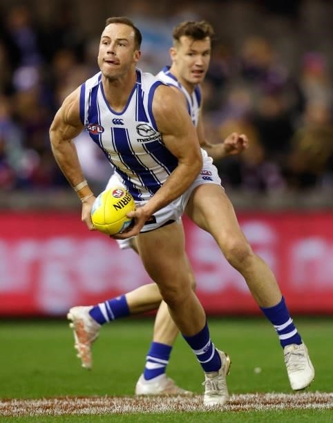Josh Walker of the Kangaroos in action during the 2021 AFL Round 16 match between the Western Bulldogs and the North Melbourne Kangaroos at Marvel...