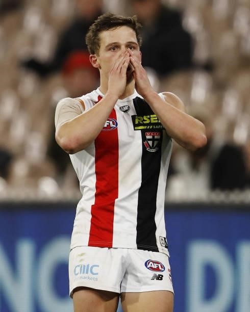 Jack Billings of the Saints reacts during the 2021 AFL Round 16 match between the Collingwood Magpies and the St Kilda Saints at the Melbourne...