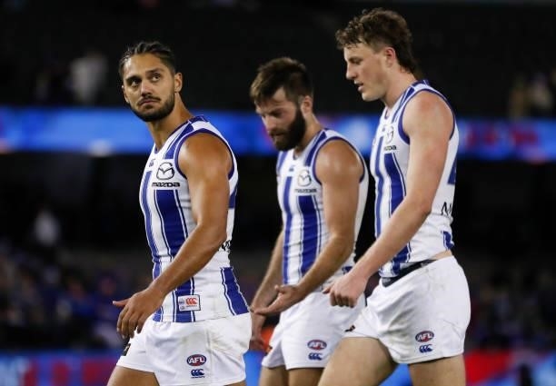 Aaron Hall of the Kangaroos looks dejected after a loss during the 2021 AFL Round 16 match between the Western Bulldogs and the North Melbourne...
