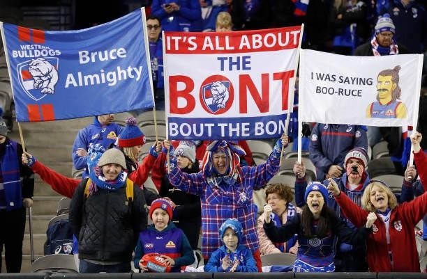 Bulldogs fans celebrate during the 2021 AFL Round 16 match between the Western Bulldogs and the North Melbourne Kangaroos at Marvel Stadium on July...