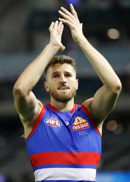 Marcus Bontempelli of the Bulldogs thanks the crowd after the 2021 AFL Round 16 match between the Western Bulldogs and the North Melbourne Kangaroos...