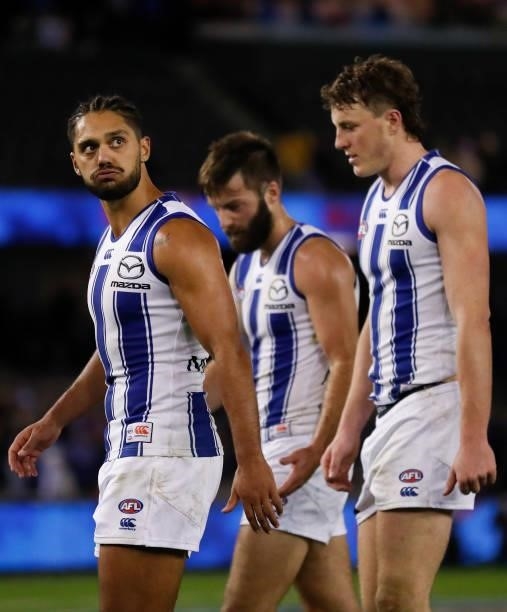 Aaron Hall of the Kangaroos looks dejected after a loss during the 2021 AFL Round 16 match between the Western Bulldogs and the North Melbourne...