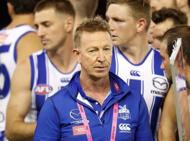 David Noble, Senior Coach of the Kangaroos looks on during the 2021 AFL Round 16 match between the Western Bulldogs and the North Melbourne Kangaroos...