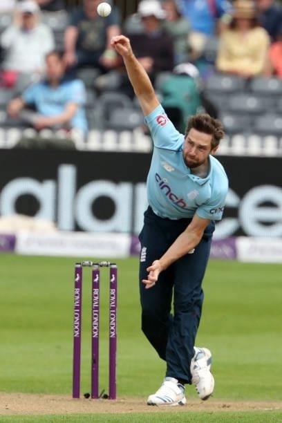England's Chris Woakes bowls during the third one-day international between England and Sri Lanka at Bristol County Ground in south-west England on...