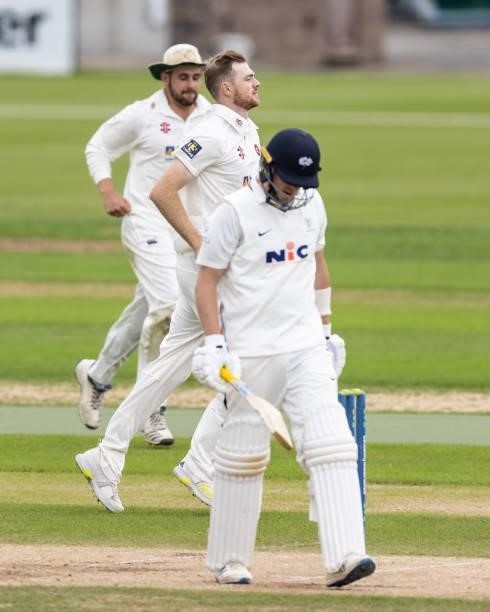 Tom Taylor of Northamptonshire celebrates after taking the wicket of Sam Northeast of Yorkshire during day one of the LV= Insurance County...