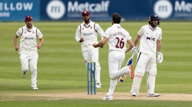 Ben Sanderson of Northamptonshire celebrates after taking the wicket of Adam Lyth of Yorkshire during day one of the LV= Insurance County...